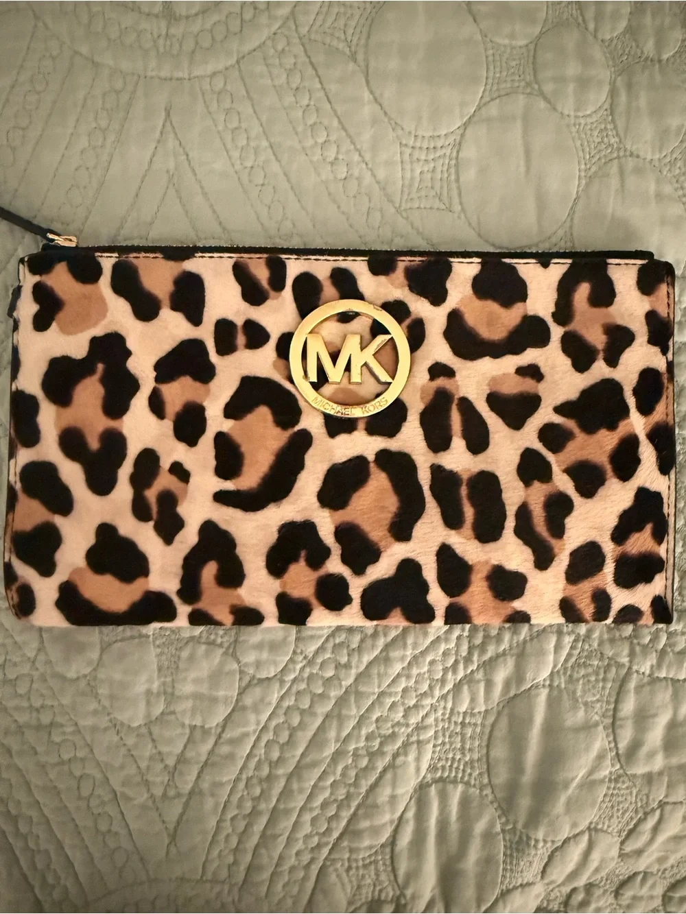 Michael Kors Leopard Print Zip Clutch in Brown Black Beige with Gold Logo
